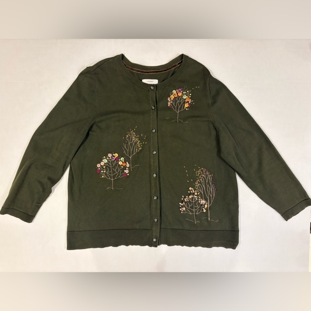 CJ Banks hunter green cardigan embroidered trees button accented leaves size 1X